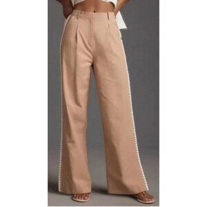 MON RENN LISLE Tan Cotton Side Embroidered Trim Straight Leg PANTS